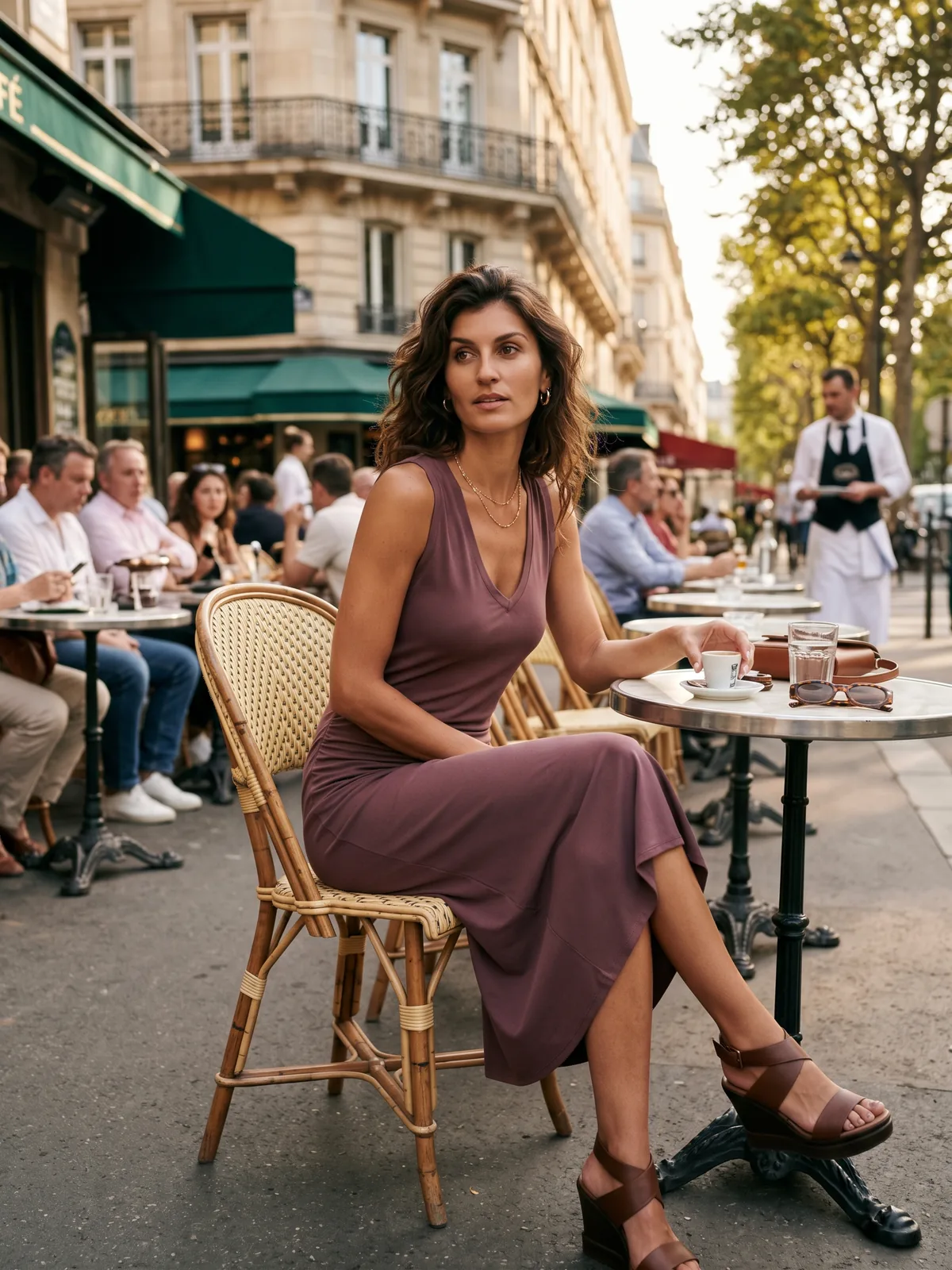 The Michaela dress in a mauve fabric, worn at a pavement café